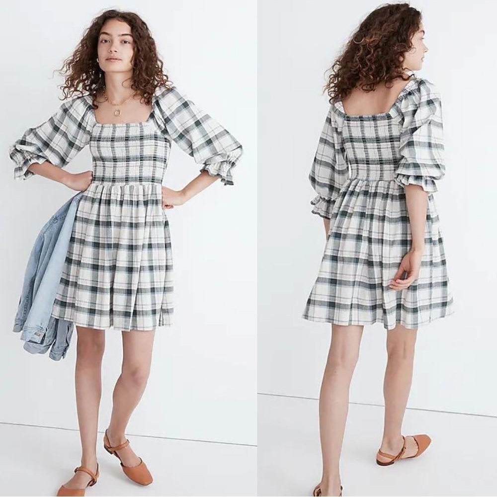 NEW NWT Madewell Smocked Plaid Mini Dress Size Extra Small